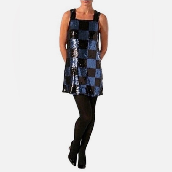 Alice + Olivia Black and Blue Sequin Mini Dress Small Check Checkerboard Pattern - Picture 3 of 12